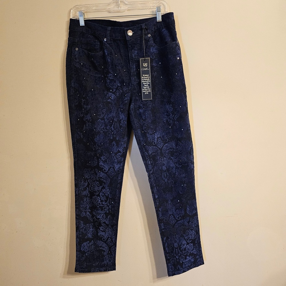 DG2 Diane Gilman Jeans Women 10 Blue Flocked Damask Rhinestone Straight Leg NWT